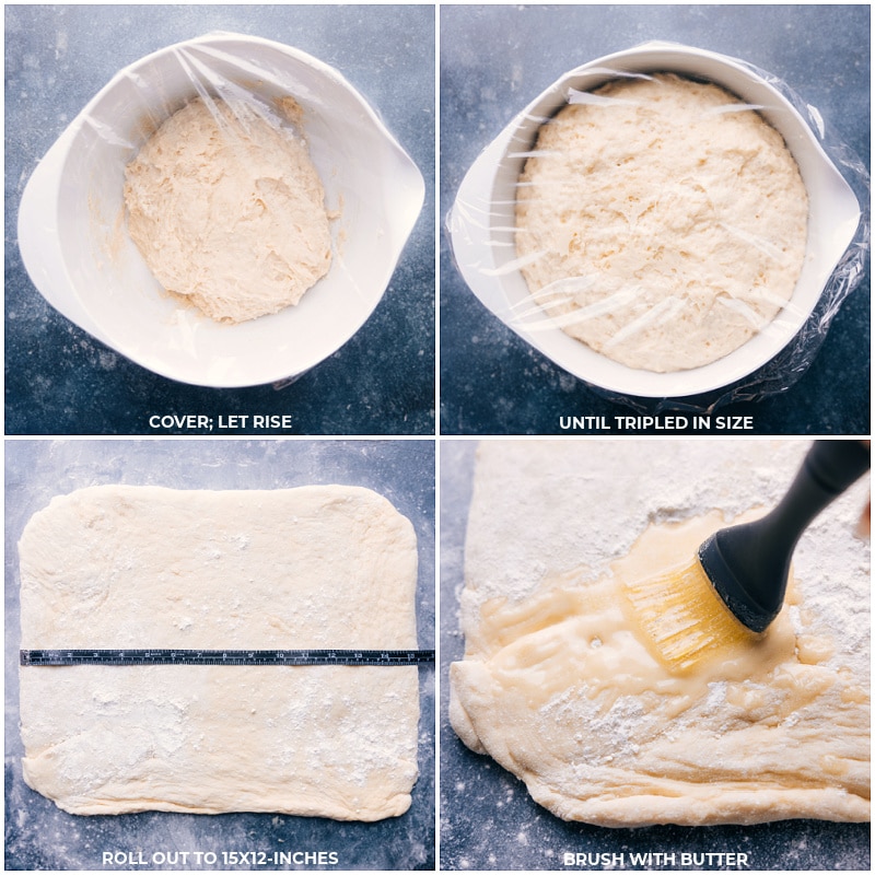 Cover dough and let rise until tripled in size; roll into a rectangle shape; brush with butter for this no knead easy cinnamon roll recipe.