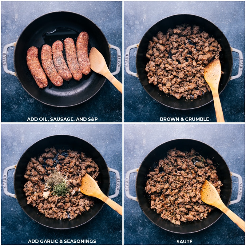 Process shots-- images of the sausage being cooked and the garlic and seasonings being added