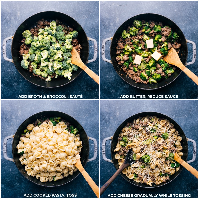 Process shots-- images of the broccoli, butter, pasta, and cheese being added to the pot