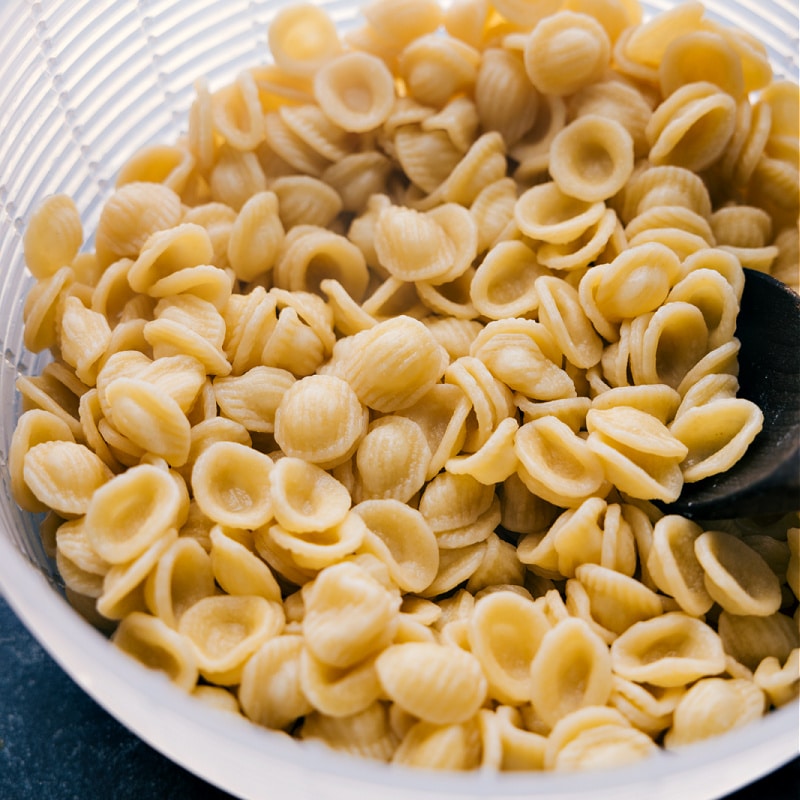 Process shots of the Orecchiette, Sausage, and Broccoli Pasta-- image of the cooked orecchiette