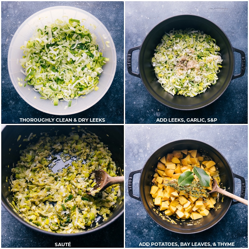 Process shots of Potato Leek Soup-- images of the leeks being washed and cooked, then potatoes, bay leaves, and thyme being added