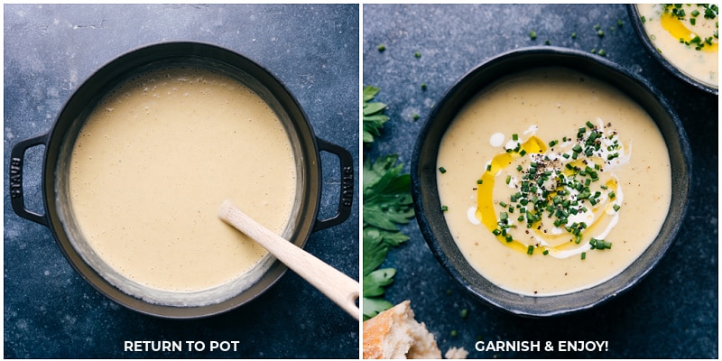 Overhead images of Potato Leek Soup in the pot and in a bowl being garnished