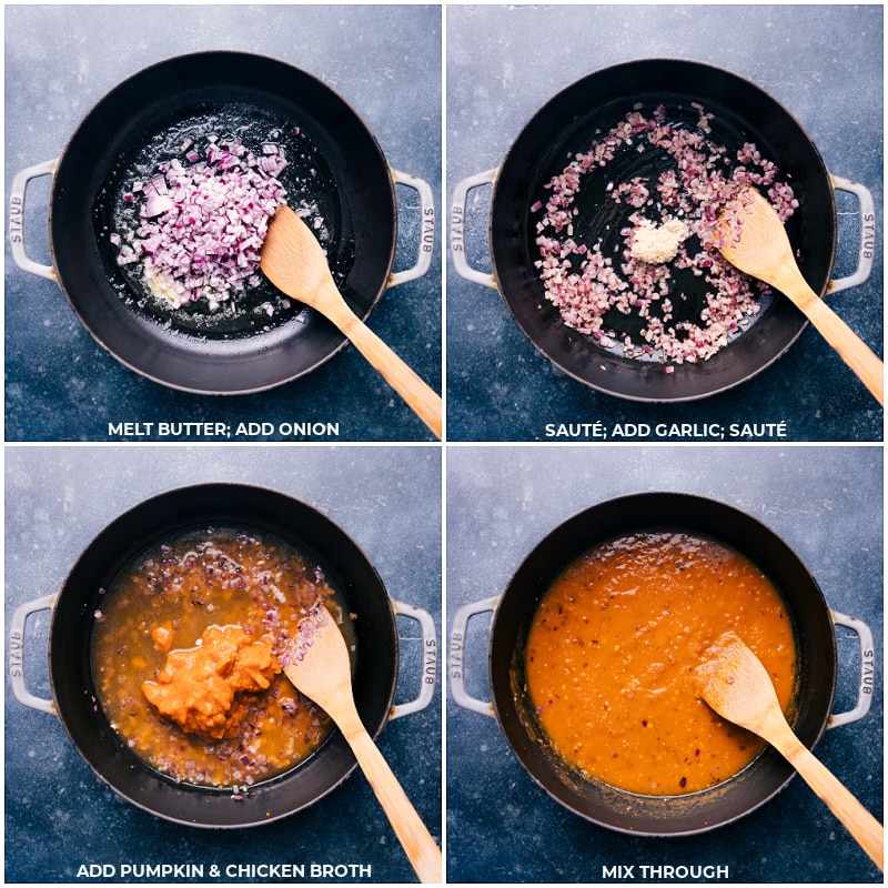 Process shots-- images of the onions, garlic, pumpkin, and chicken broth