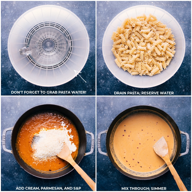 Process shots of Pumpkin Pasta-- images of the pasta being drained, cream, Parmesan, and salt and pepper being cooked together