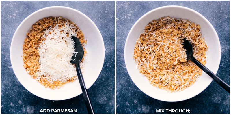 Process shots of Pumpkin Pasta-- images of the Parmesan being added to the crunchy topping