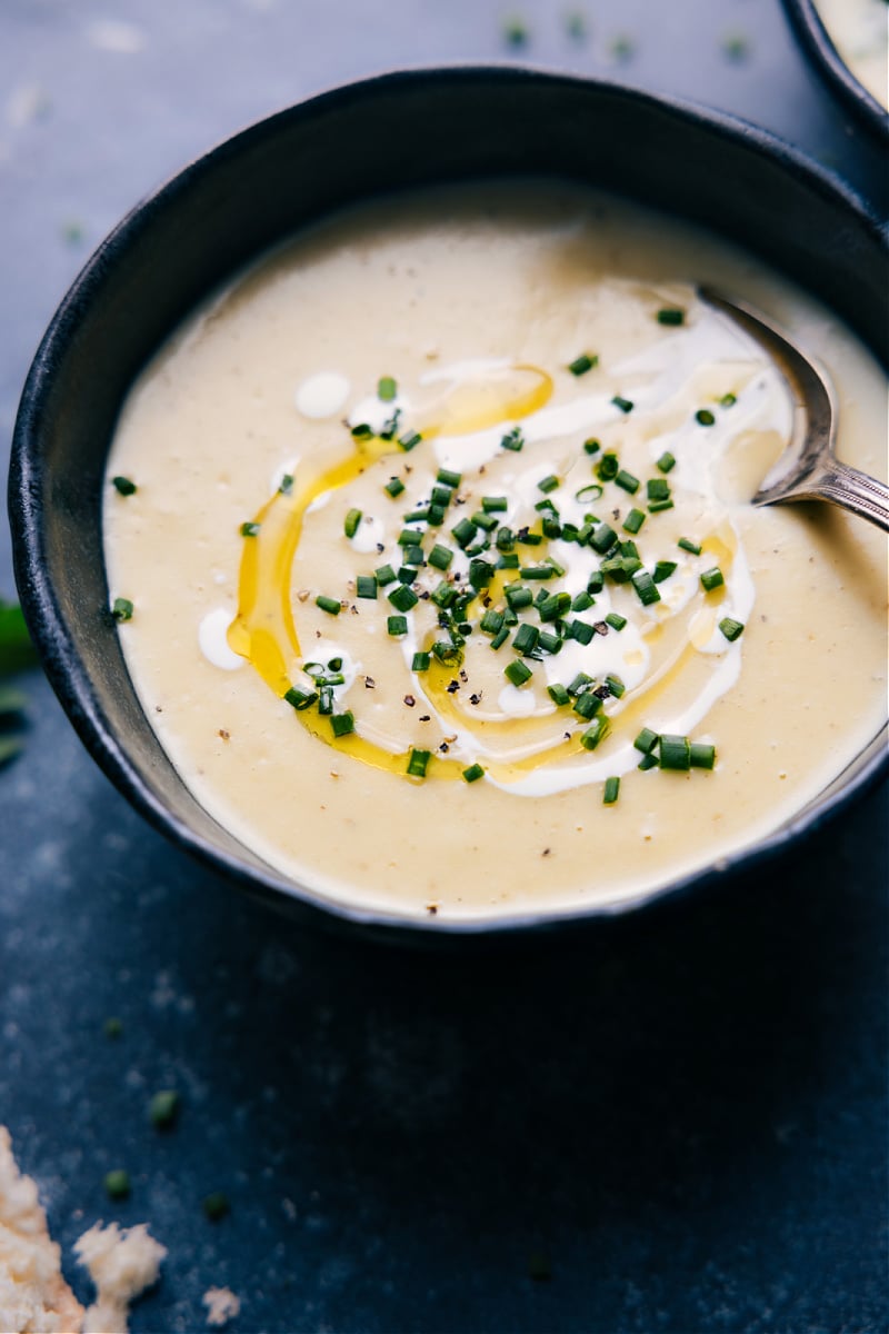 Up-close overhead image of the soup in a bowl