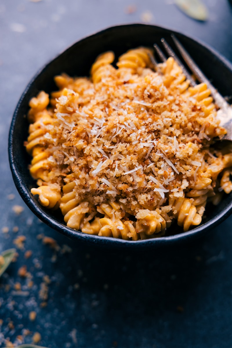 Up-close overhead image of Pumpkin Pasta in a bowl