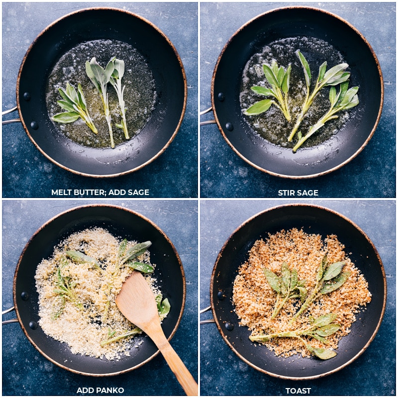 Process shots-- images of the sage and panko being toasted