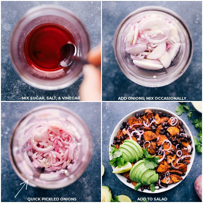 Process shots of making quick pickled red onions for the salad