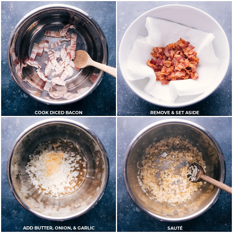 Process shots-- images of the bacon being sautéed and then onion and garlic being sautéed