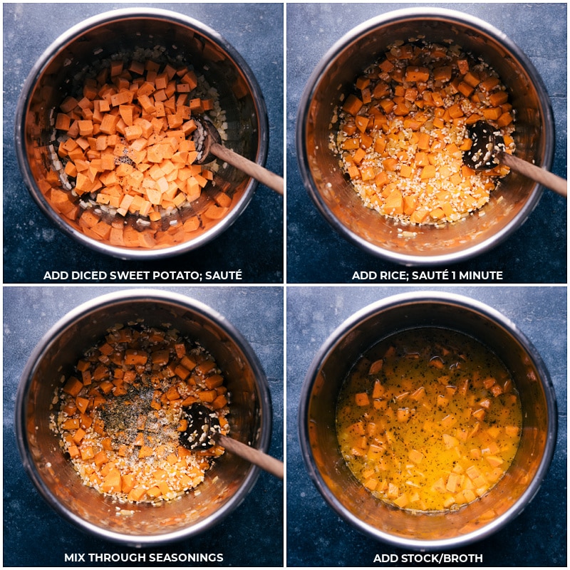 Process shots--images of the sweet potatoes, rice, seasonings, and chicken stock being added and cooked together