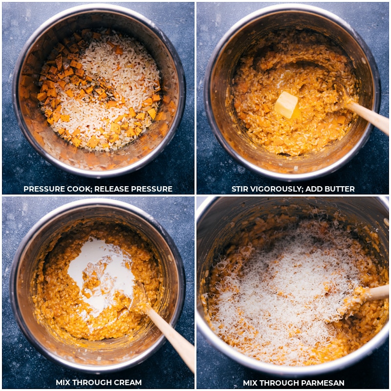 Process shots of sweet potato risotto-- images of the butter, cream, and parmesan cheese being added and mixed together