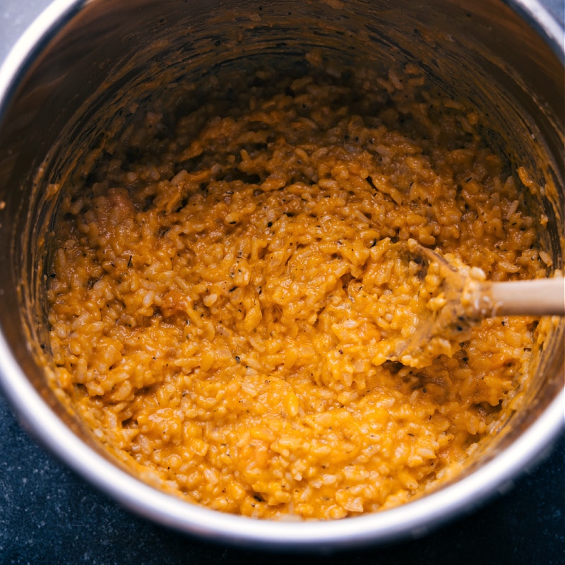 Overhead image of the sweet potato risotto in the instant pot ready to be enjoyed