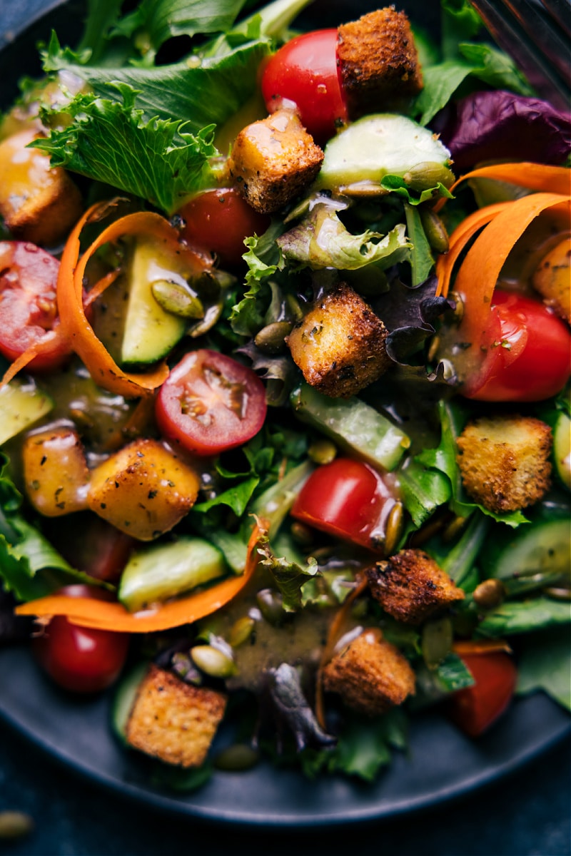 Close-up view of a salad dressed