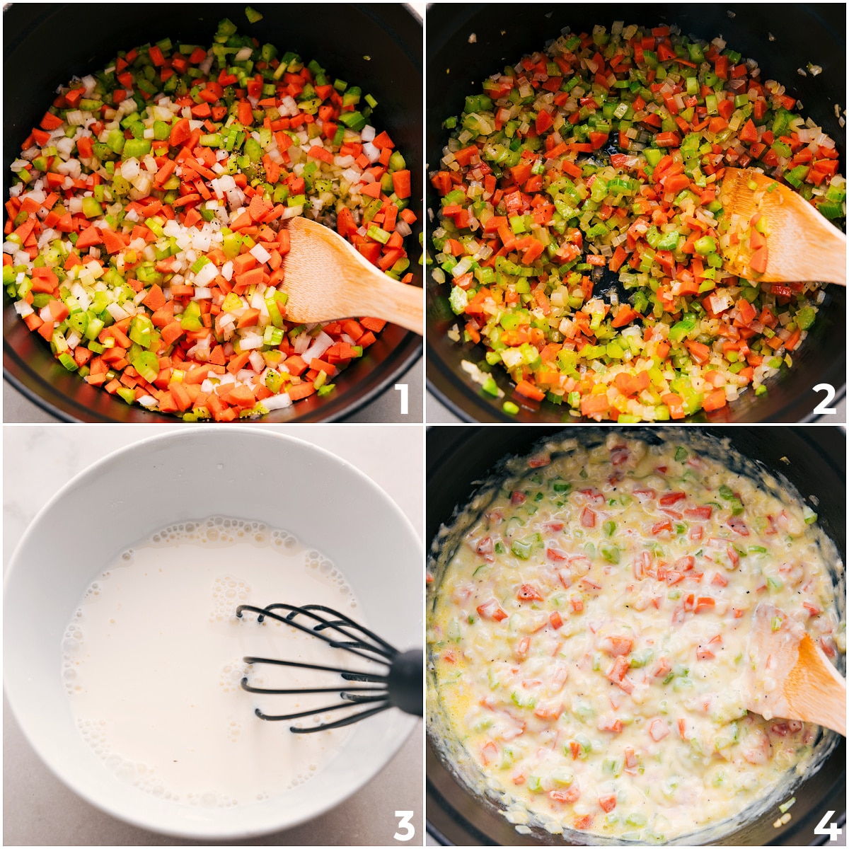 Veggies sautéing while the cream sauce is mixed in a separate pot, then added to the veggies for this simple 15-Bean Soup.