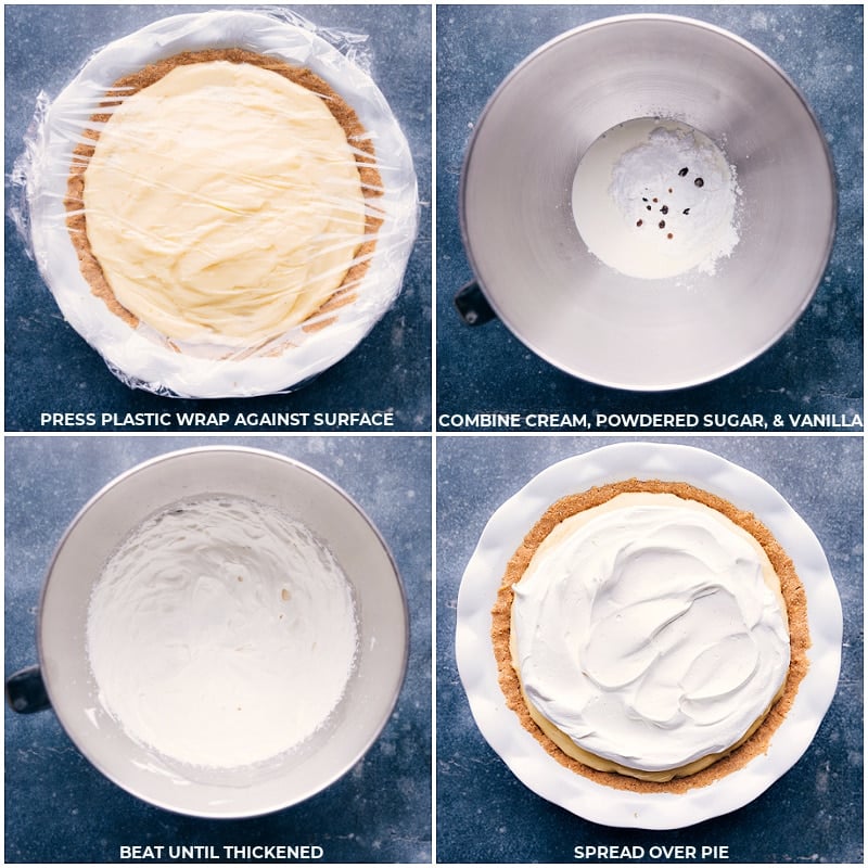 Images of the dessert chilling and the whipped cream being whisked together and spread over the dessert