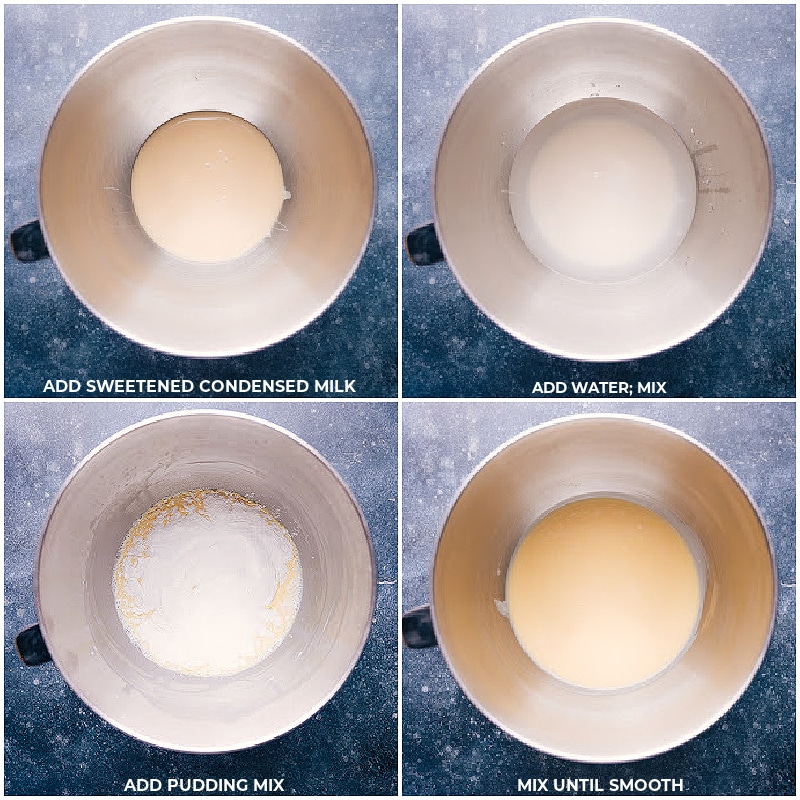 Process shots-- images of the sweetened condensed milk, water, and pudding mix being added to a stand mixer