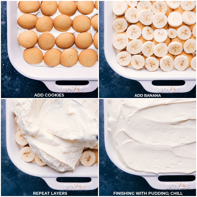 Process shots of Banana Pudding-- images of the all the layers being arranged in the pan