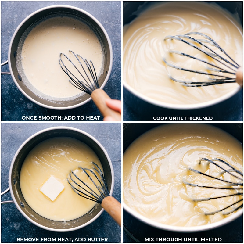 Process shots of Banana Cream Pie-- images of butter being added to the pot and being whisked into it