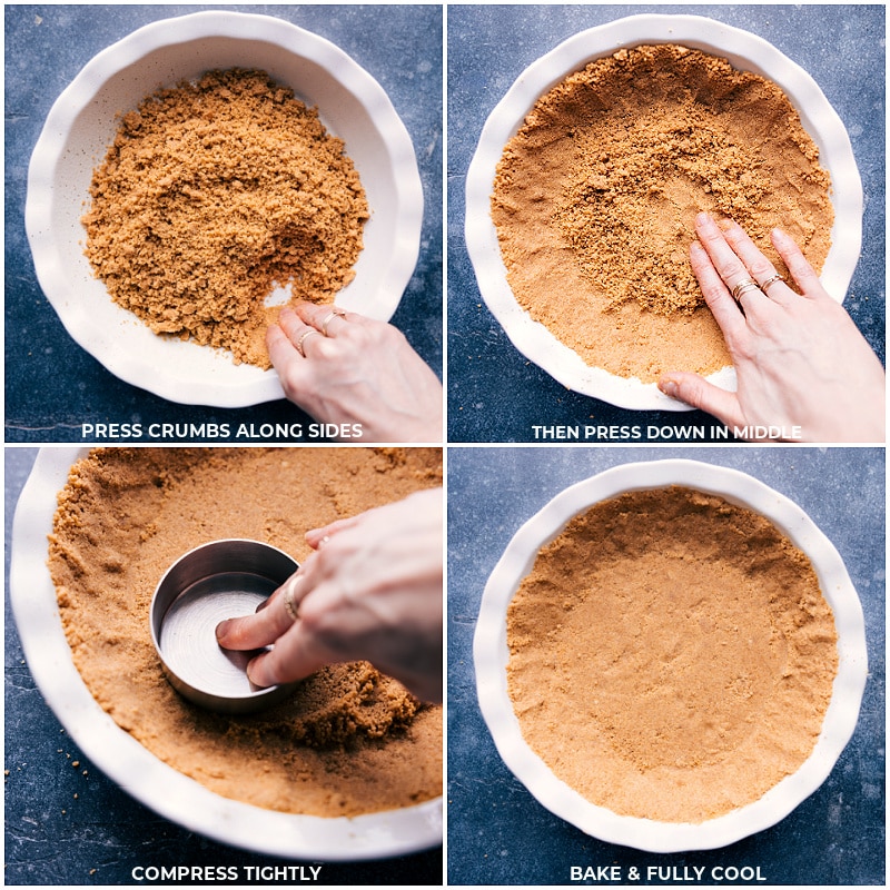 Process shots of banoffee pie recipe-- images of the crust being pressed into the pie tin and it being baked