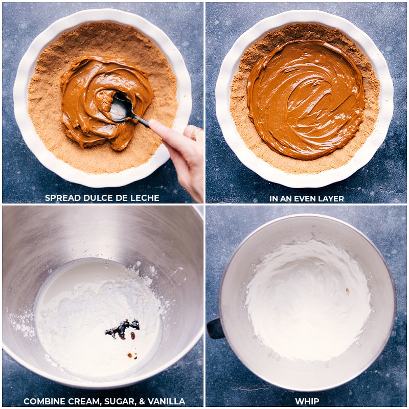 Process shots-- images of dulce de leche being spread on the bottom of the pie crust and a whipped cream layer being made
