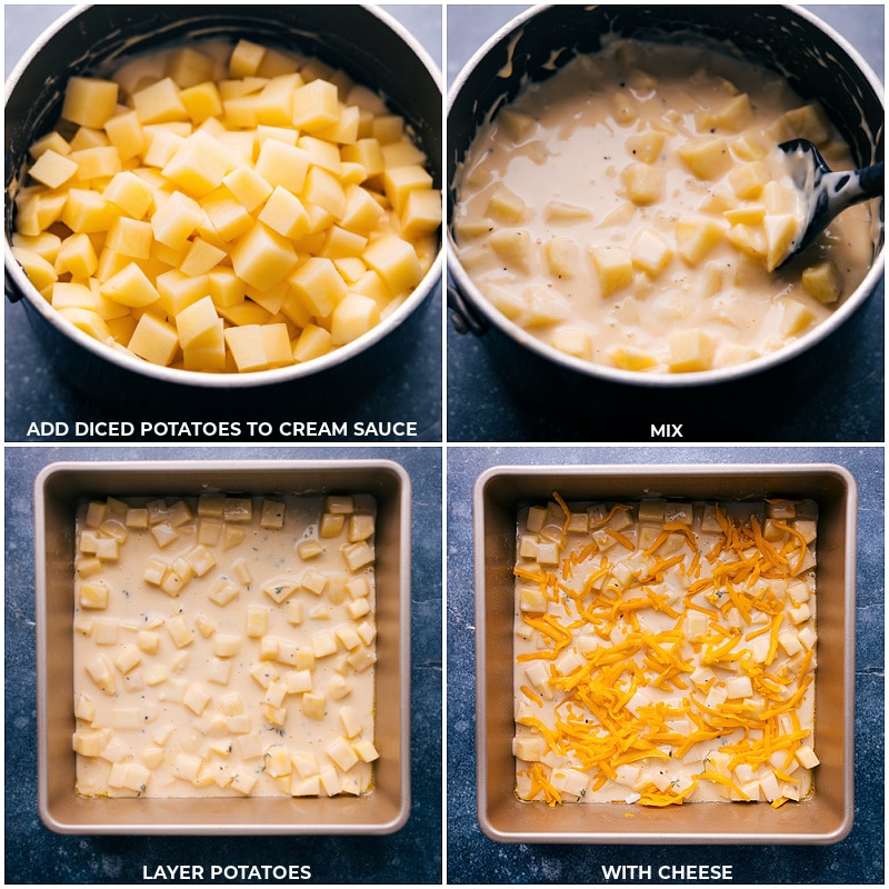 Process shots of Cheesy Potatoes-- images of the potatoes being added to the cream sauce and it all being poured into the pan and cheese being added on top