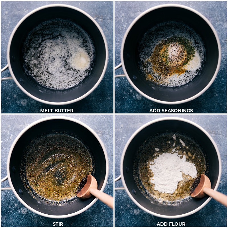 Process shots-- images of the butter, seasonings, and flour being added to a pot and being sautéed together