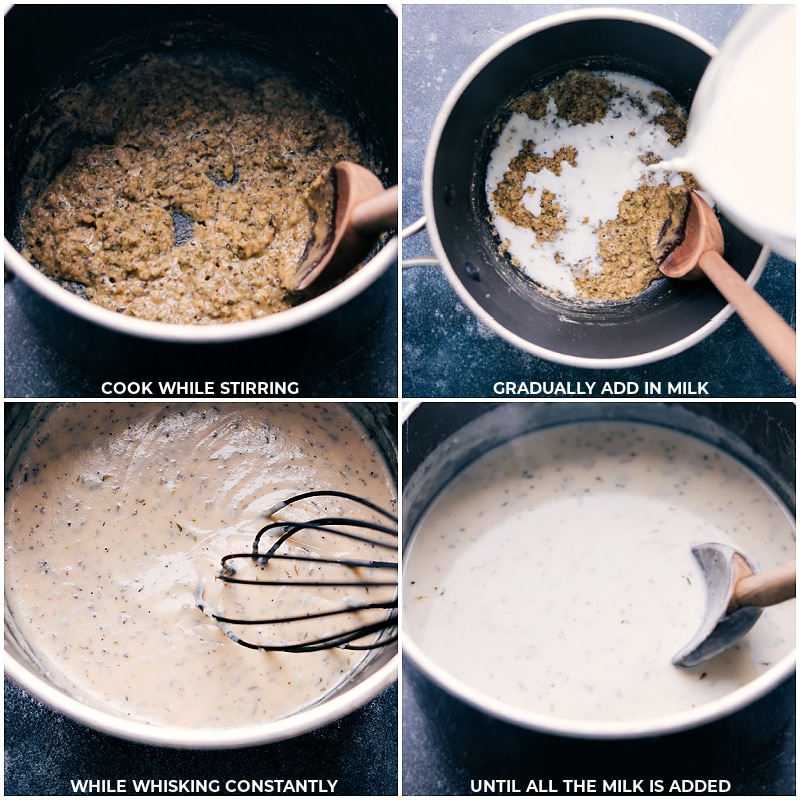Process shots of Chicken Noodle Casserole-- images of the milk being added and it all being cooked together