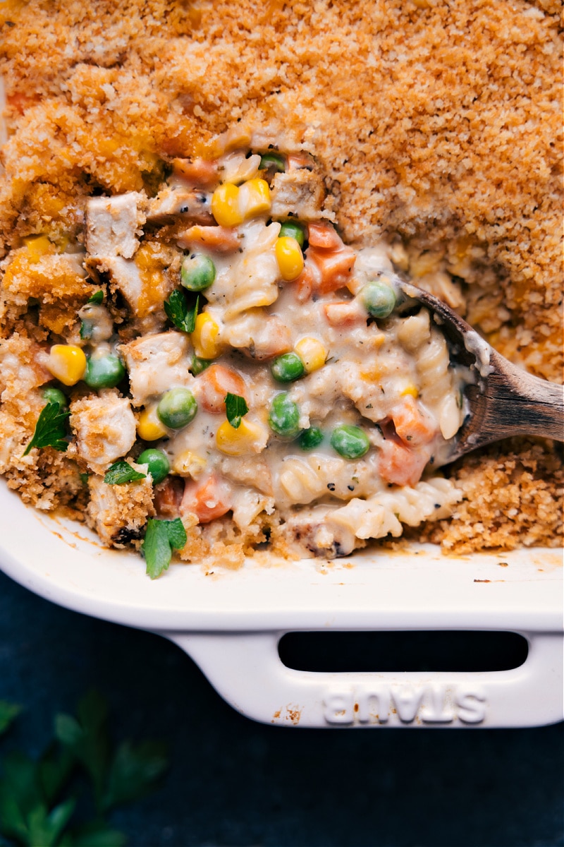 Up close overhead image of the Chicken Noodle Casserole ready to be enjoyed