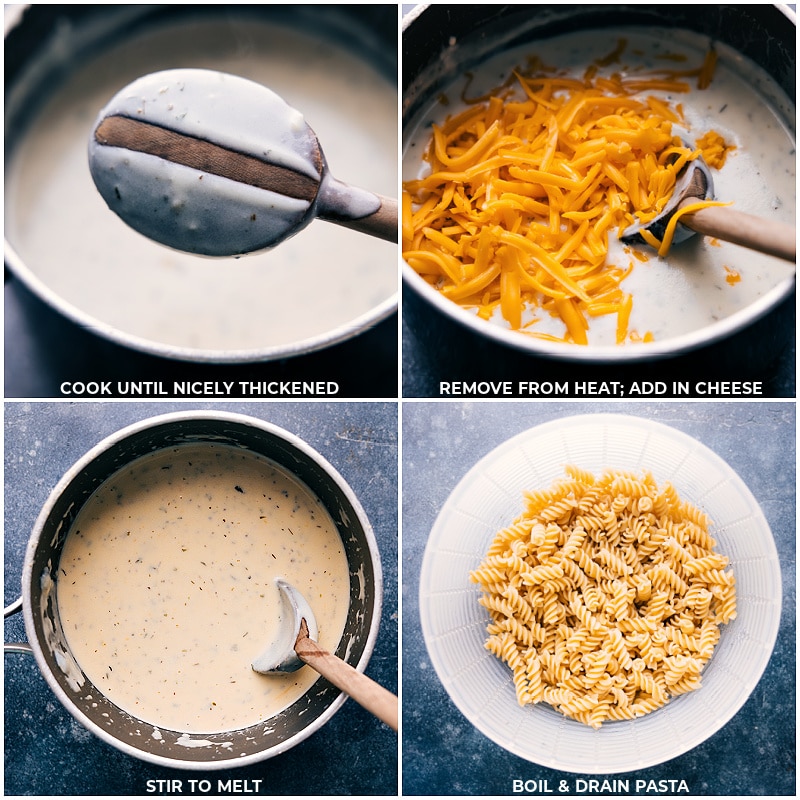 Process shots of Chicken Noodle Casserole-- images of the cheese being added and the pasta being drained