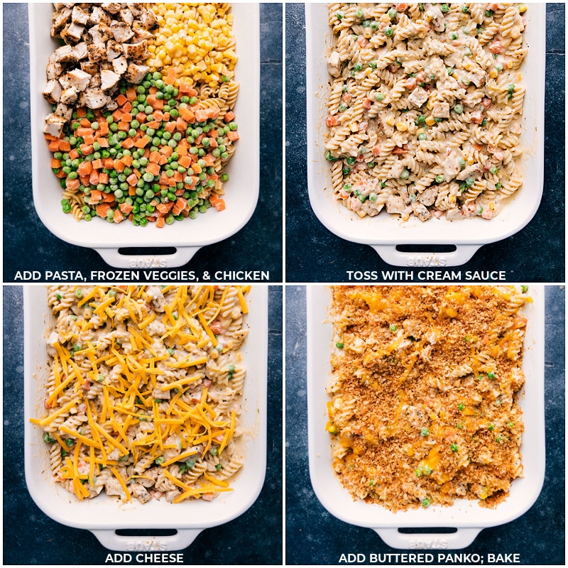 Process shots-- images of the pasta, veggies, chicken, cream sauce, cheese, and buttered panko being added to the dish
