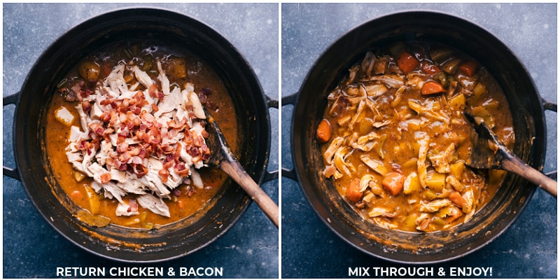 Process shots of Chicken Stew-- images of the shredded chicken and cooked bacon being added to the pot