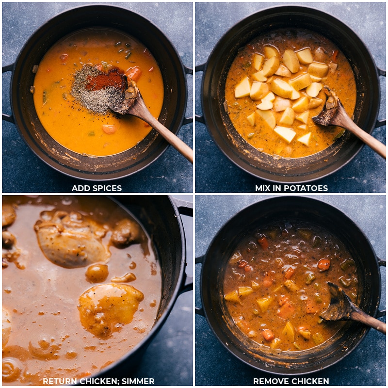 Process shots-- images of the spices and potatoes being added to a pot and it all being cooked together