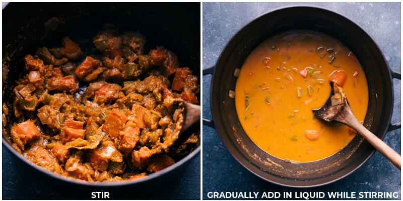 Process shots of Chicken Stew-- images of the liquid being gradually added into the pot