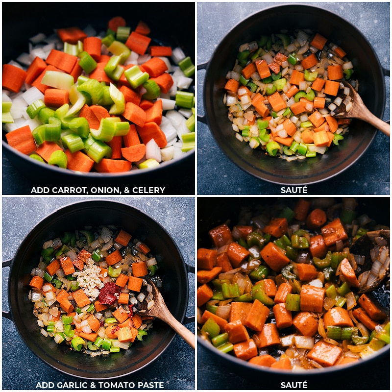 Process shots of Chicken Stew-- images of the veggies being cooked and then garlic and tomato paste being added