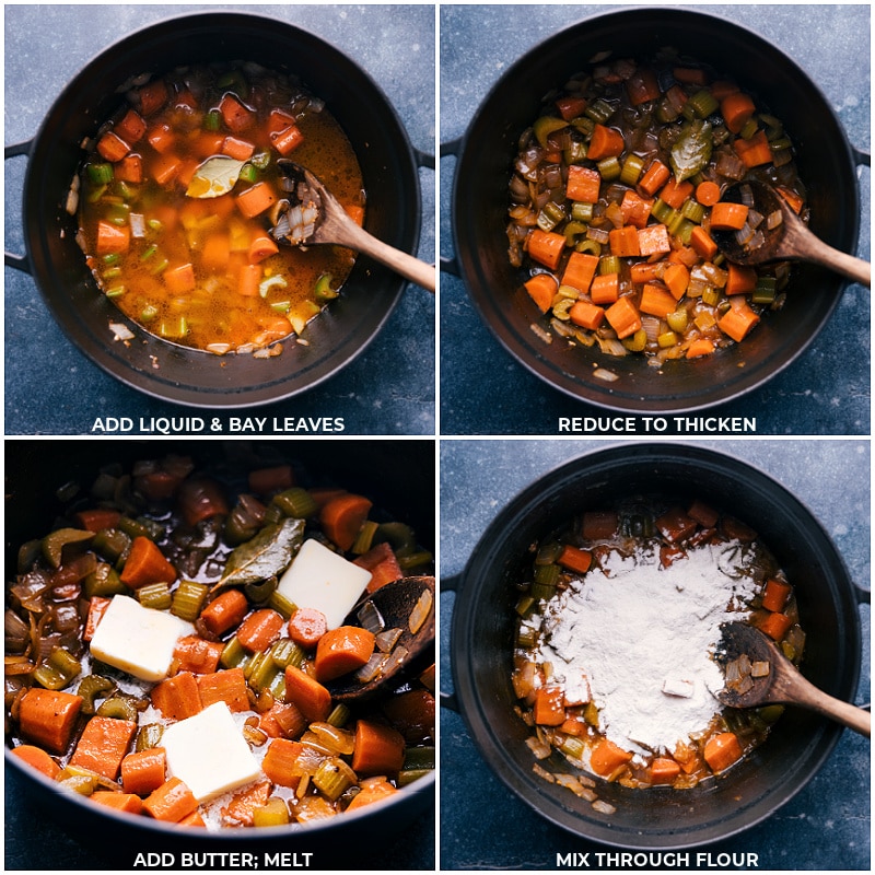 Process shots-- images of liquid, bay leaves, butter, and flour being added to the pot