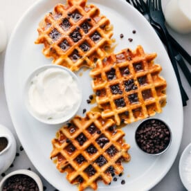 Chocolate Chip Waffles Recipe on a platter.