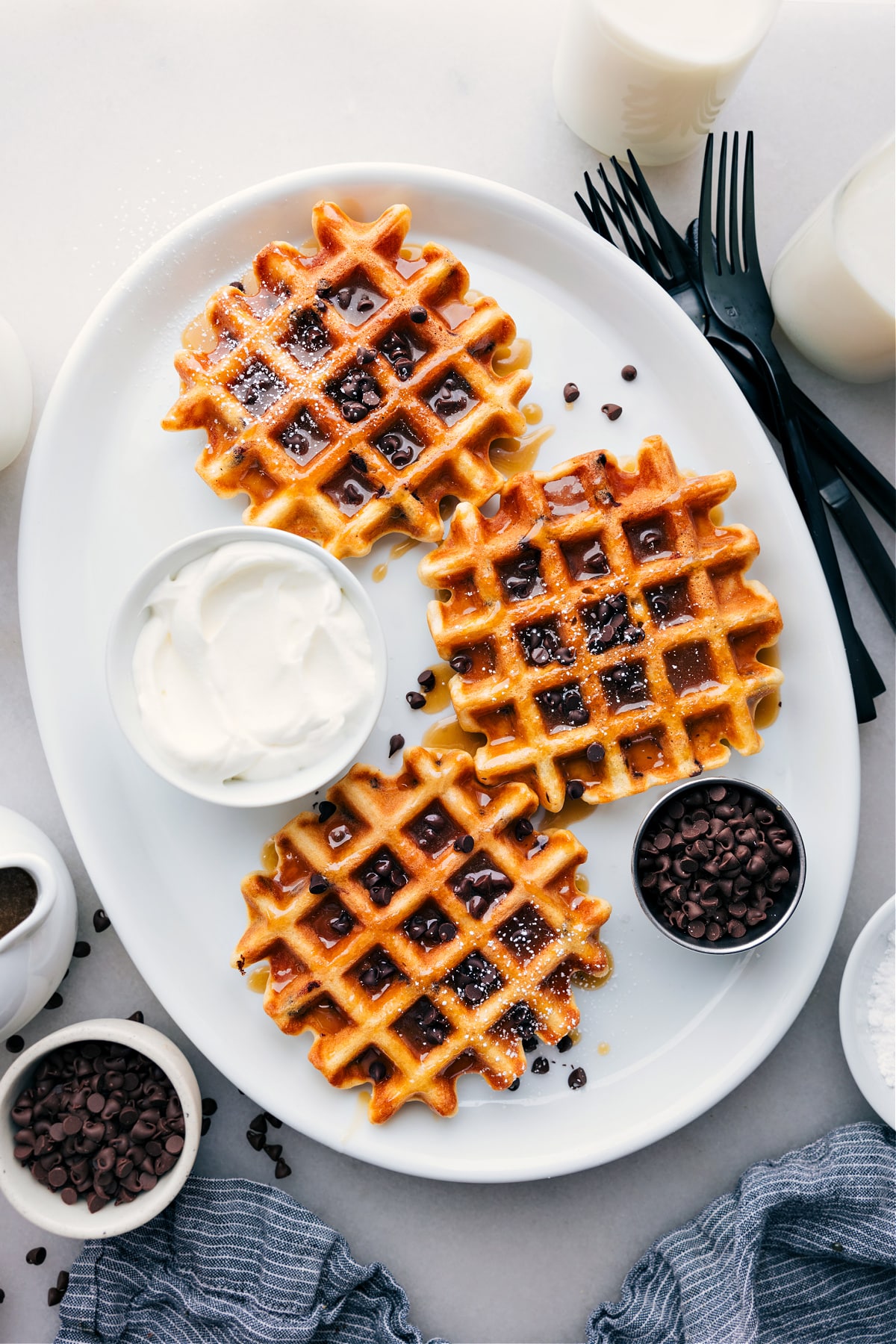 Chocolate Chip Waffles Recipe on a platter.