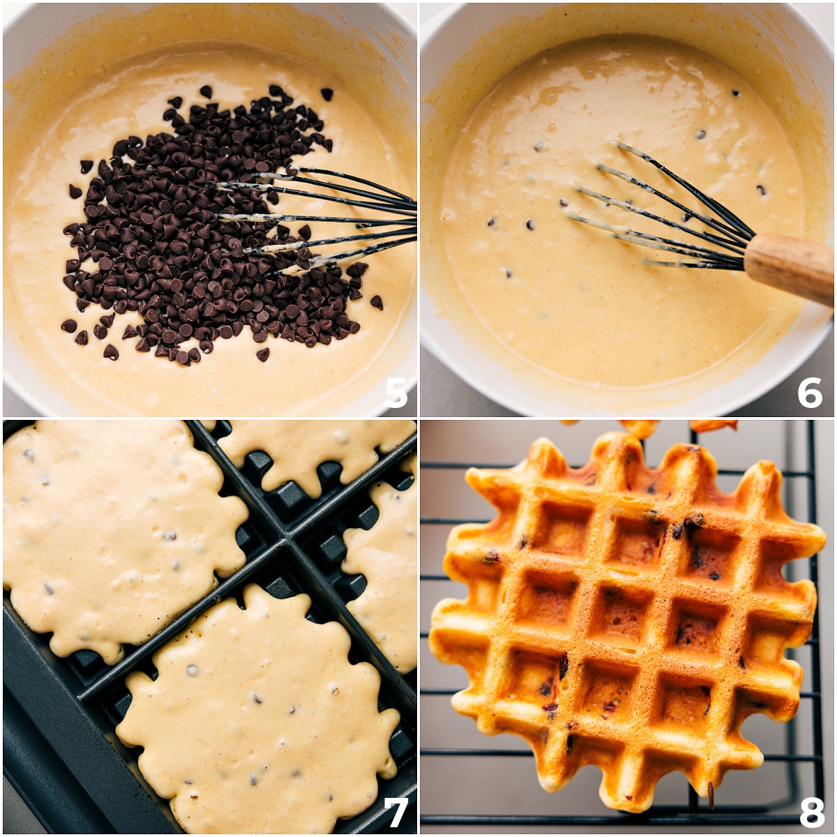 The chocolate chips being whisked into the mixture and it being cooked.