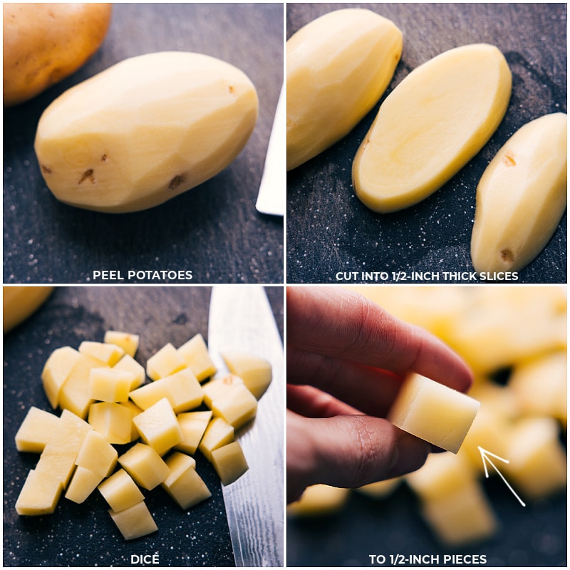 Process shots: Peel potatoes; cut into half-inch slices; then dice into cubes