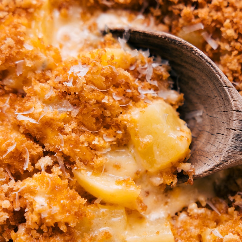 Up-close overhead image of the Cheesy Potatoes ready to be enjoyed