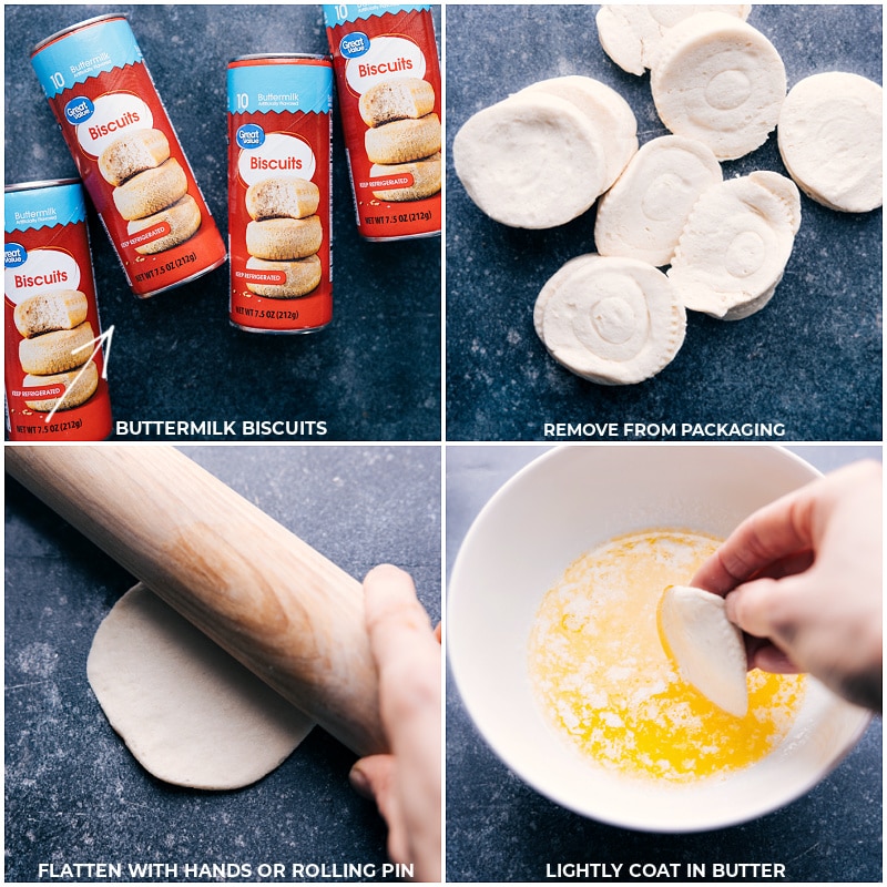 Process shots-- images of the biscuits being rolled out and coated in butter