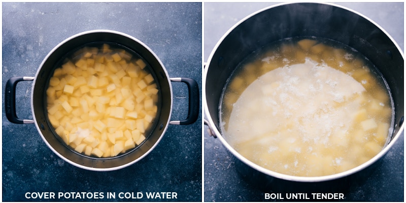 Process shots: Cover potatoes in cold water and boil until tender