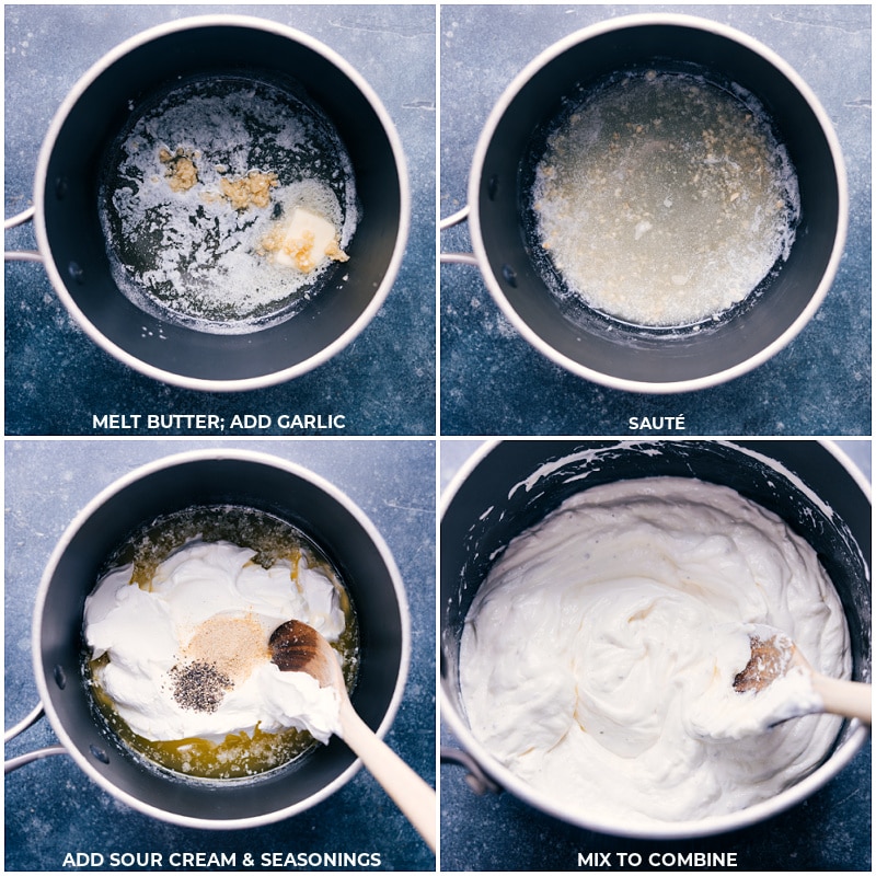 Process shots: Melt butter and add garlic; sauté; add sour cream and seasonings; mix to combine.