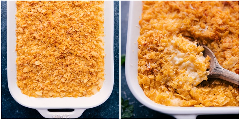 Images of the freshly baked Funeral Potatoes