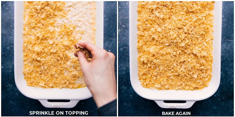 Process shots of Funeral Potatoes-- images of the topping being sprinkled on top and baking it again