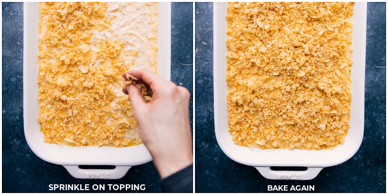 The topping is sprinkled on top and the dish is baked again for these funeral potatoes.
