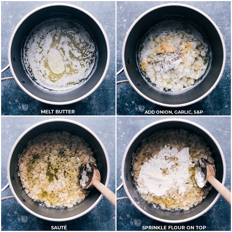Butter, garlic, onion, seasonings, and flour sauté in a pot for these funeral potatoes.
