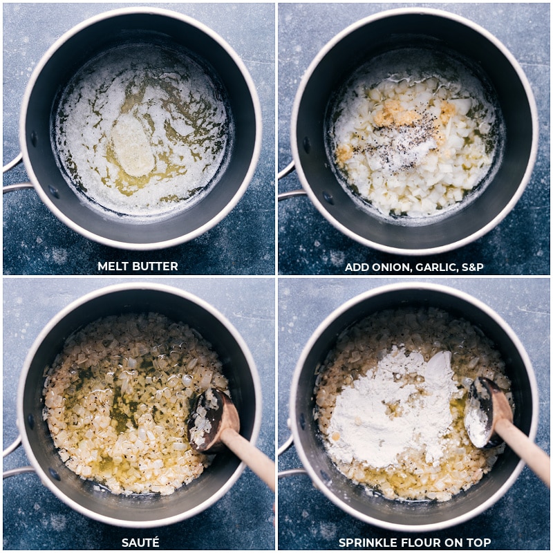 Process shots of Funeral Potatoes-- images of the butter, garlic, onion, seasonings, and flour being added to a pot and being sautéed