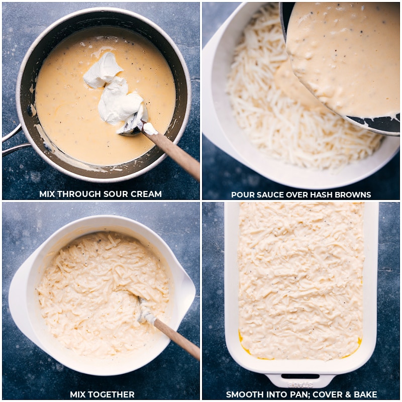Process shots of Funeral Potatoes-- images of sour cream being mixed into the sauce and then the sauce being poured over the hash browns